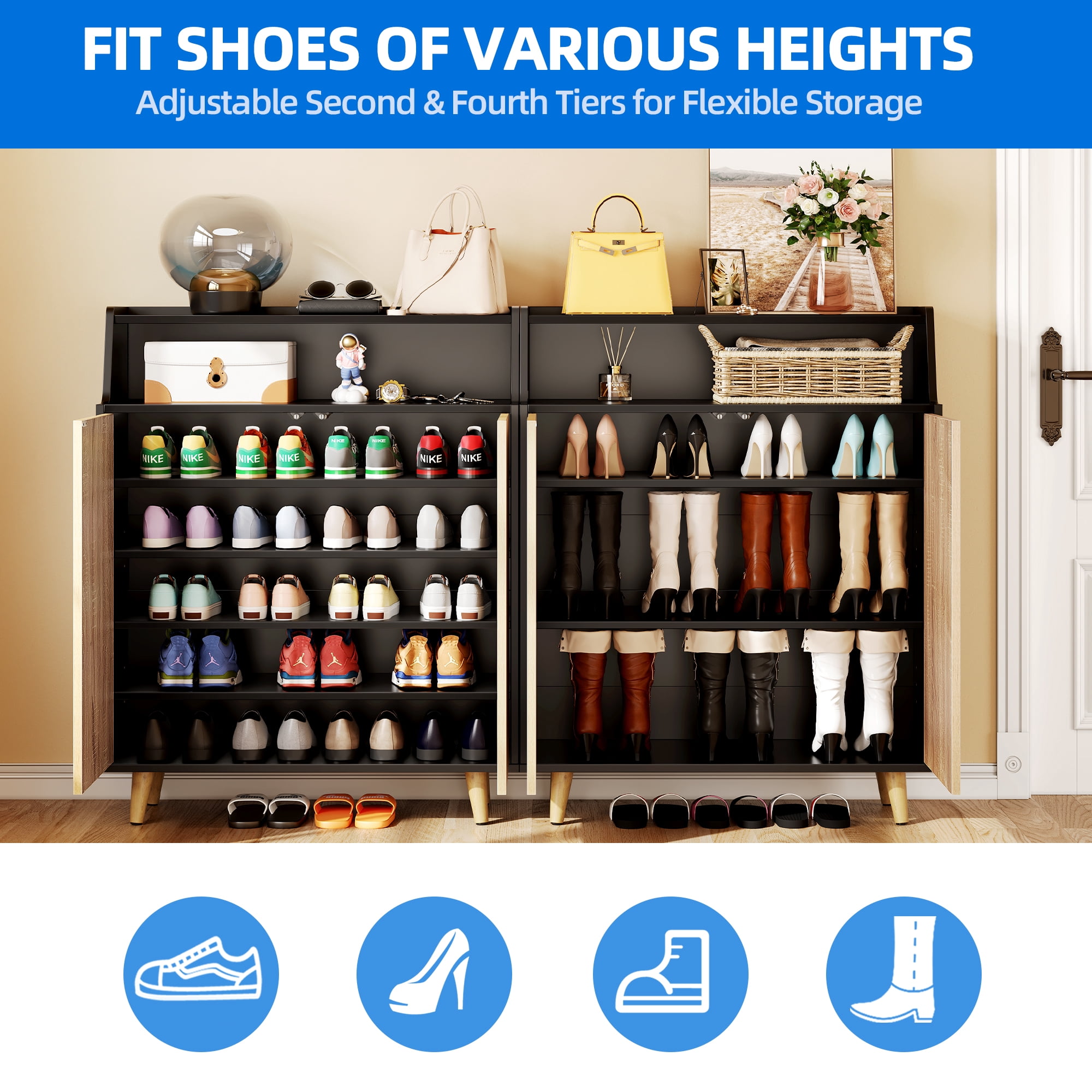 Dextrus 5-Tier Shoe Cabinet, Modern Shoe Storage with Doors & Open Shelves, Entryway , Black