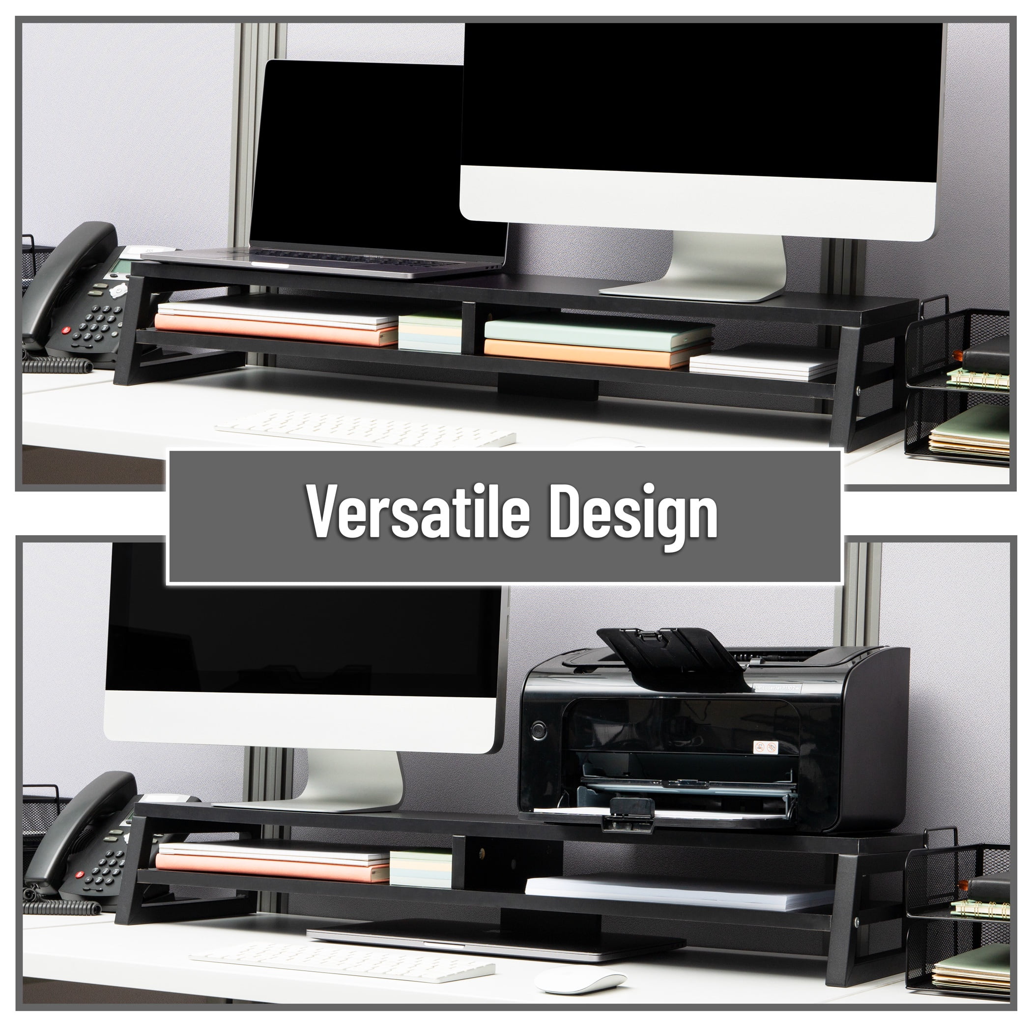 Mind Reader 2-Tier MDF Double Monitor Stand, Dual Screen Riser with Storage Shelf, Black