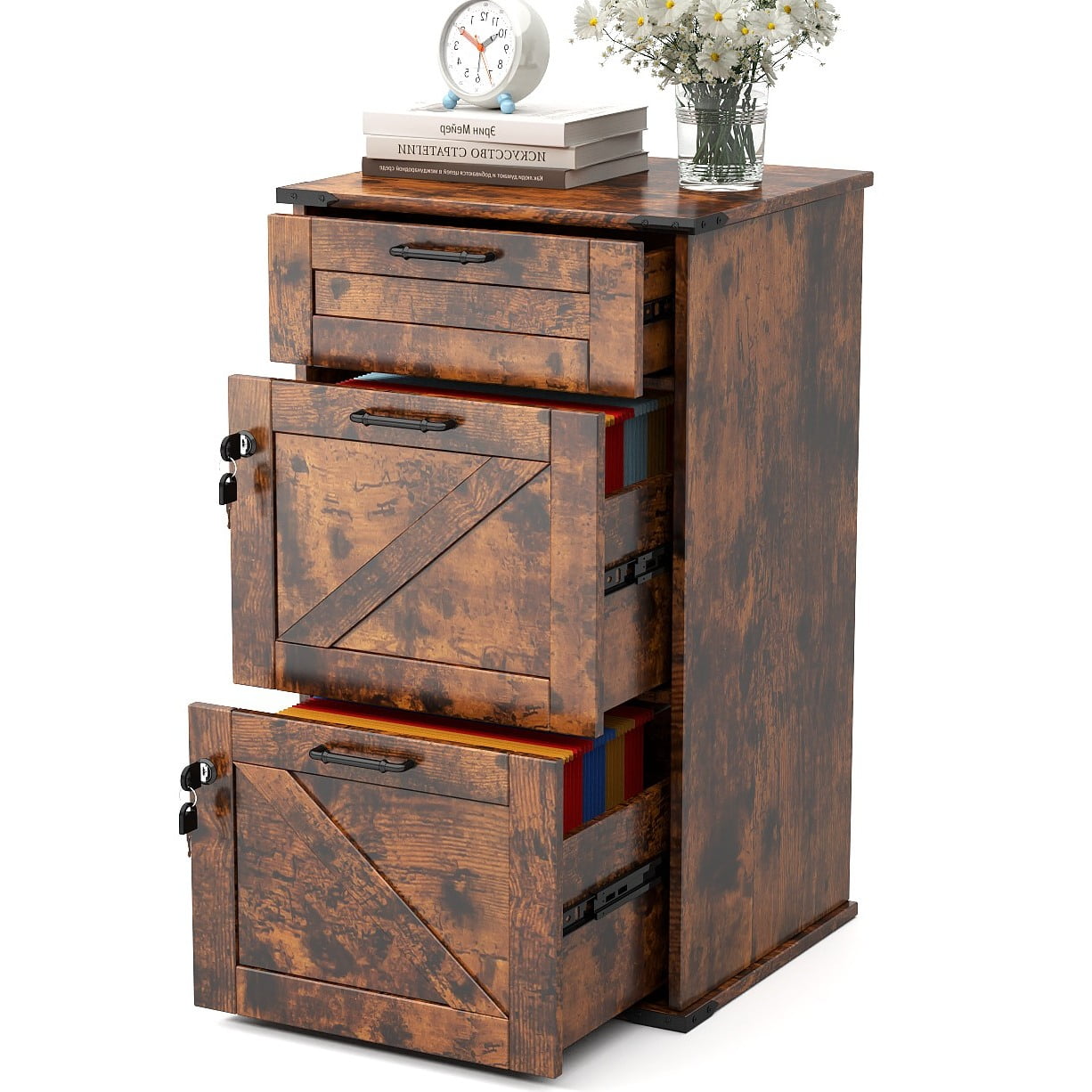 UBesGoo Farmhouse File Cabinet with 3-Drawer Wood Vertical File Storage Cabinet with Individual Lock and Rustic Metal Handles, Brown