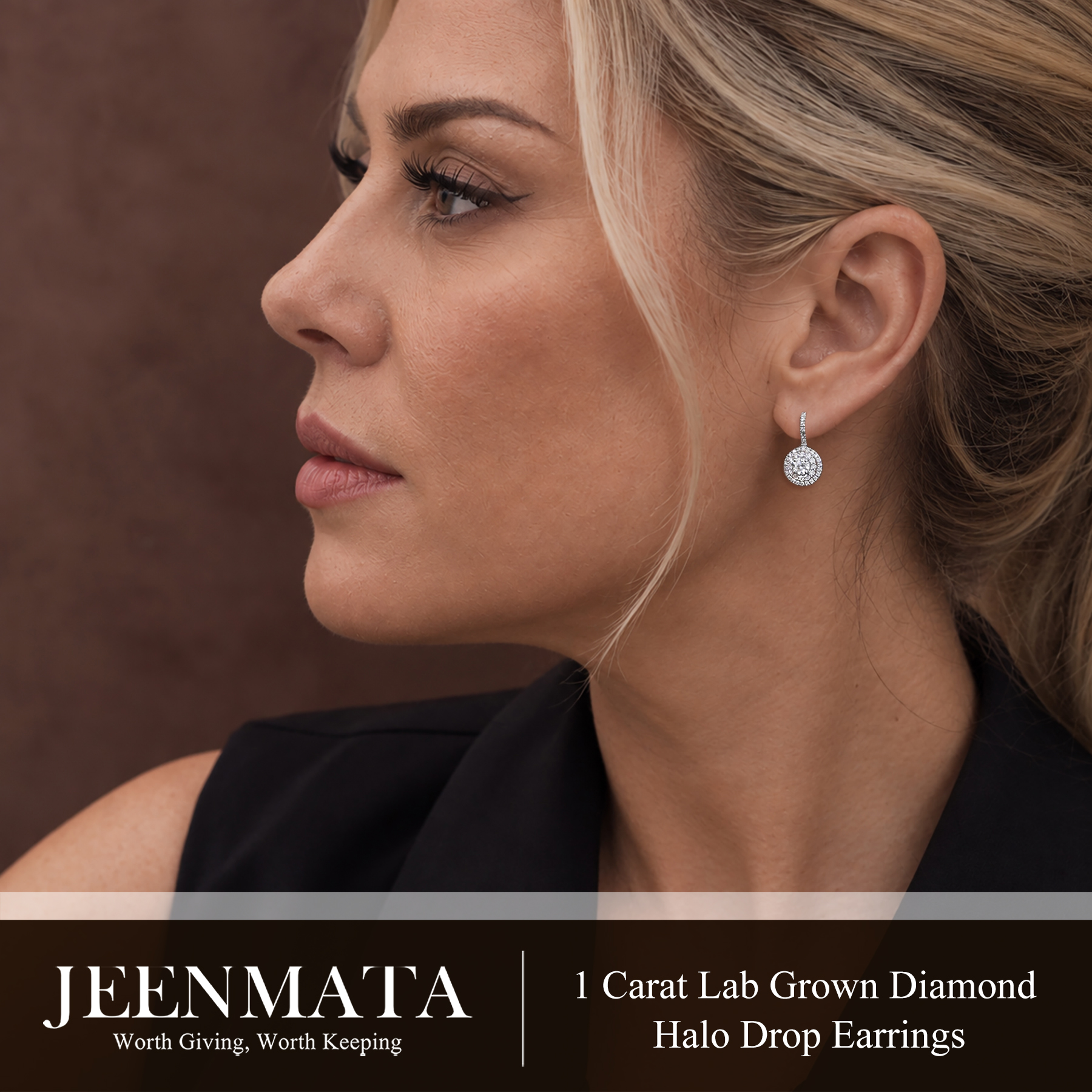 JeenMata 1 Carat Lab Grown Diamond Halo Drop Earrings photo 5