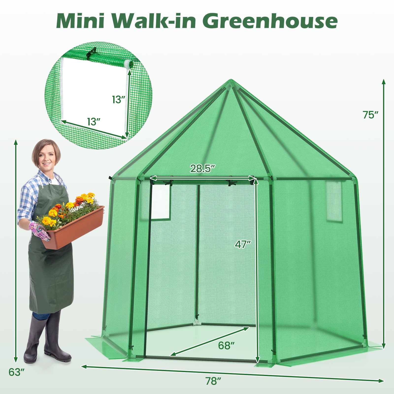Gymax 6.5 x 5.6 x 6.2 FT Mini Walk-in Greenhouse w/PE Cover Roll-up Zippered Door