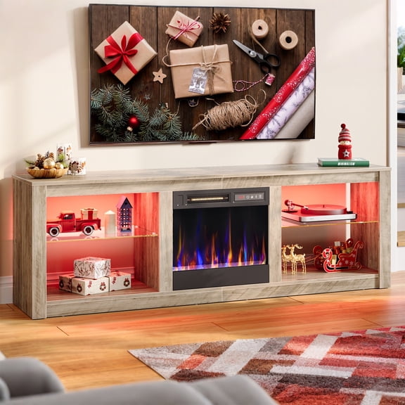 Bestier Fireplace TV Stand for TVs up to 70",LED Gaming Entertainment Center with 18" Electric Fireplace TV Station with Open Storage Shelve for Living Room Grey