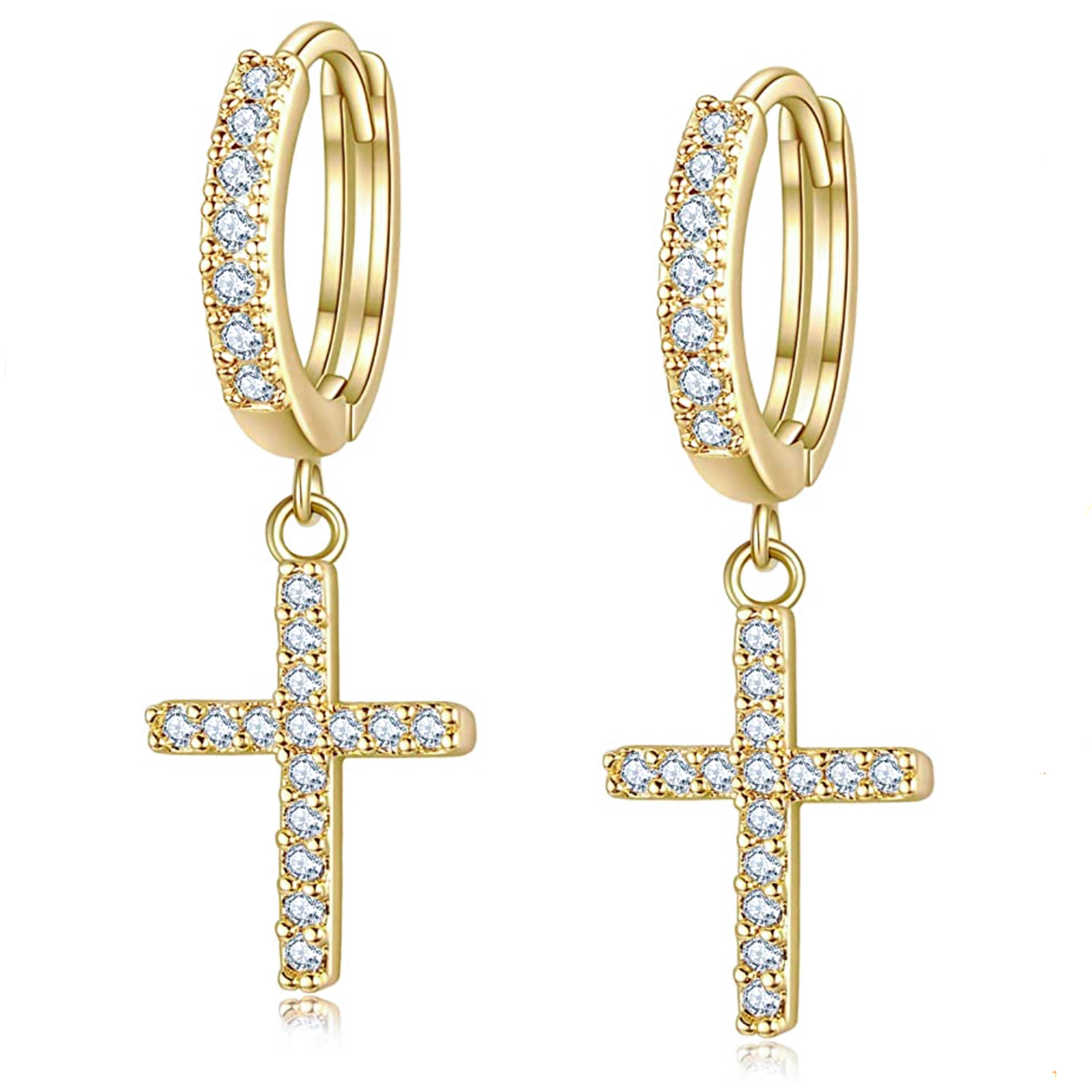 Men's Yellow Gold 925 Sterling Silver Iced Cz Dangle Hanging Cross Hoop Earrings