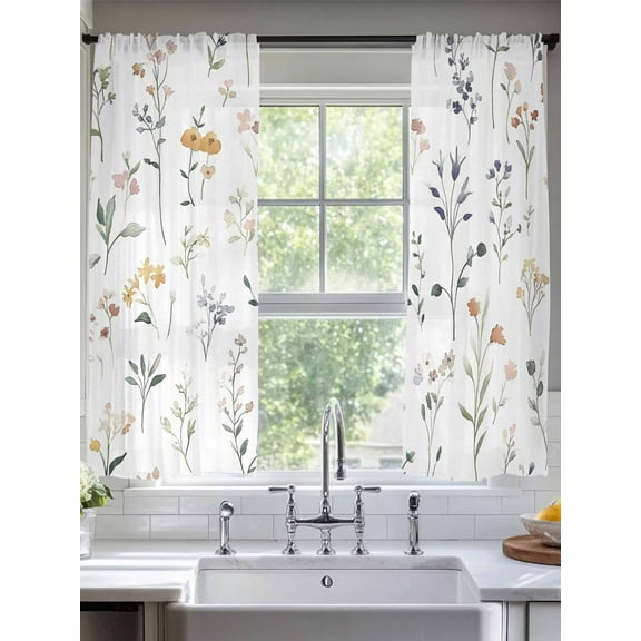 Watercolor Wildflowers Sheer Curtains for Living Room Bedroom Spring Pastoral Botanical Sheer Curtains 72 Inch Long 2 Panels Set Light Filtering Curtain Window Treatments Drapes for Dining Room