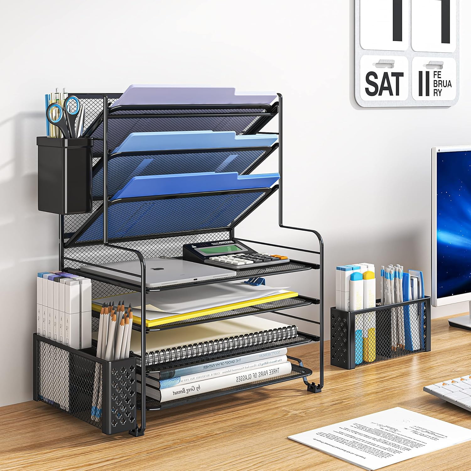 7 Tier Desk File Organizer Letter Tray Paper Organizer with Pen Holder and Metal Hanging Basket Black
