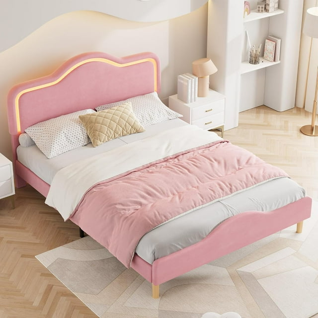 Twin/Full/Queen Size Velvet Princess LED Bed Frame - Adjustable Headboard & Footboard, Wooden Slats Support, No Box Spring Needed