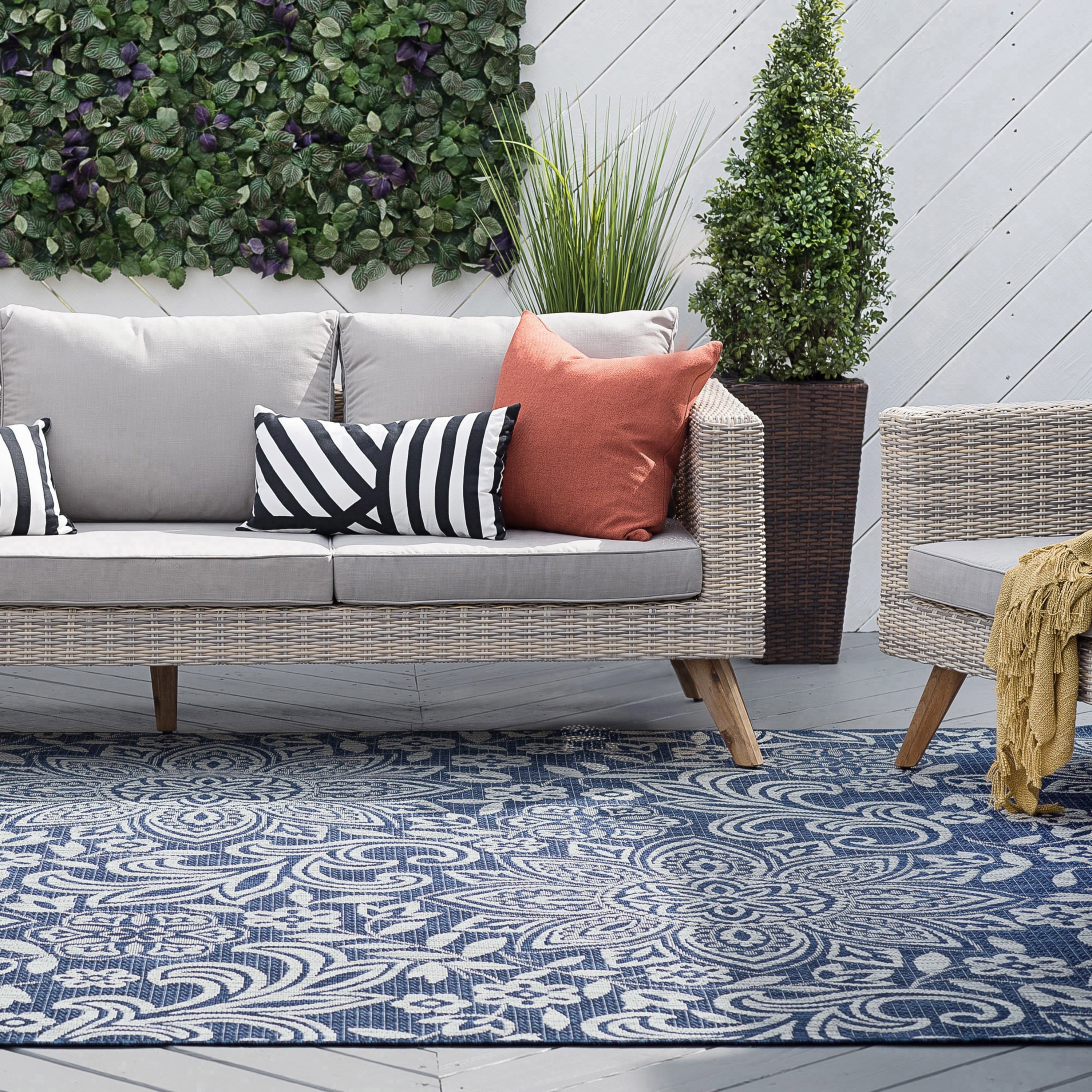 Bliss Rugs Floral Large Indoor Outdoor Area Rug for Patio, Porch, Garden | Navy and Light Gray, 5'3''x7'3''