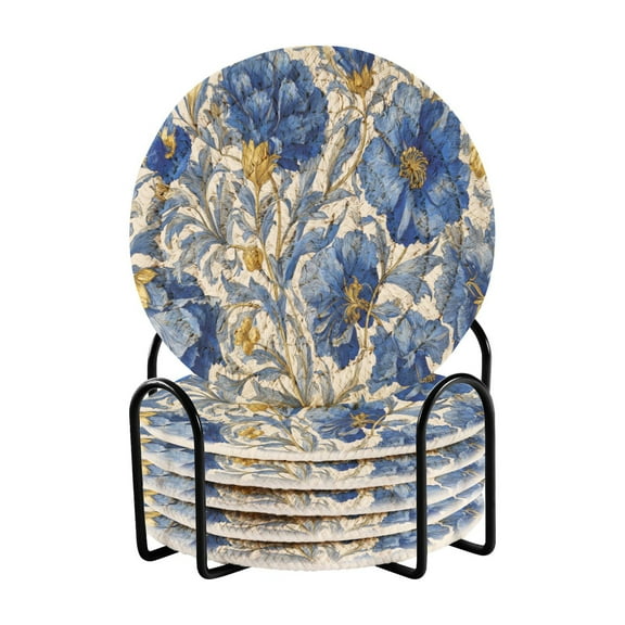 Round Placemats Set of 6 Heat Resistant Washable Kitchen Table Decorations 15.4in Beautiful Blue Floral Style