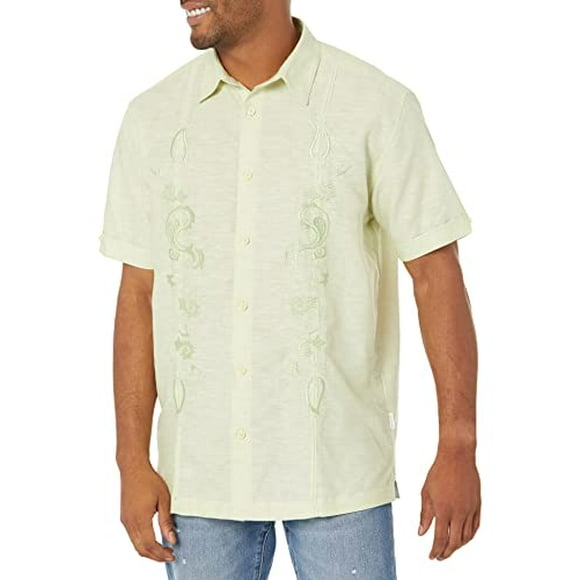 Cubavera Men's Paisley Embroidered Panel Linen-Blend Short Sleeve Button-Down Shirt, Margarita, XX-Large Big