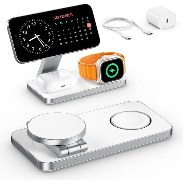 3 en 1 Cargador Inalámbrico Magnético Safe,15W Soporte de Carga Inalámbrico Plegable,Carga Rápida Qi Compatible con iPhone Air/17/16/15/14/13/12, AirPods Pro 3/2 y Apple Watch(Negro),Blanco