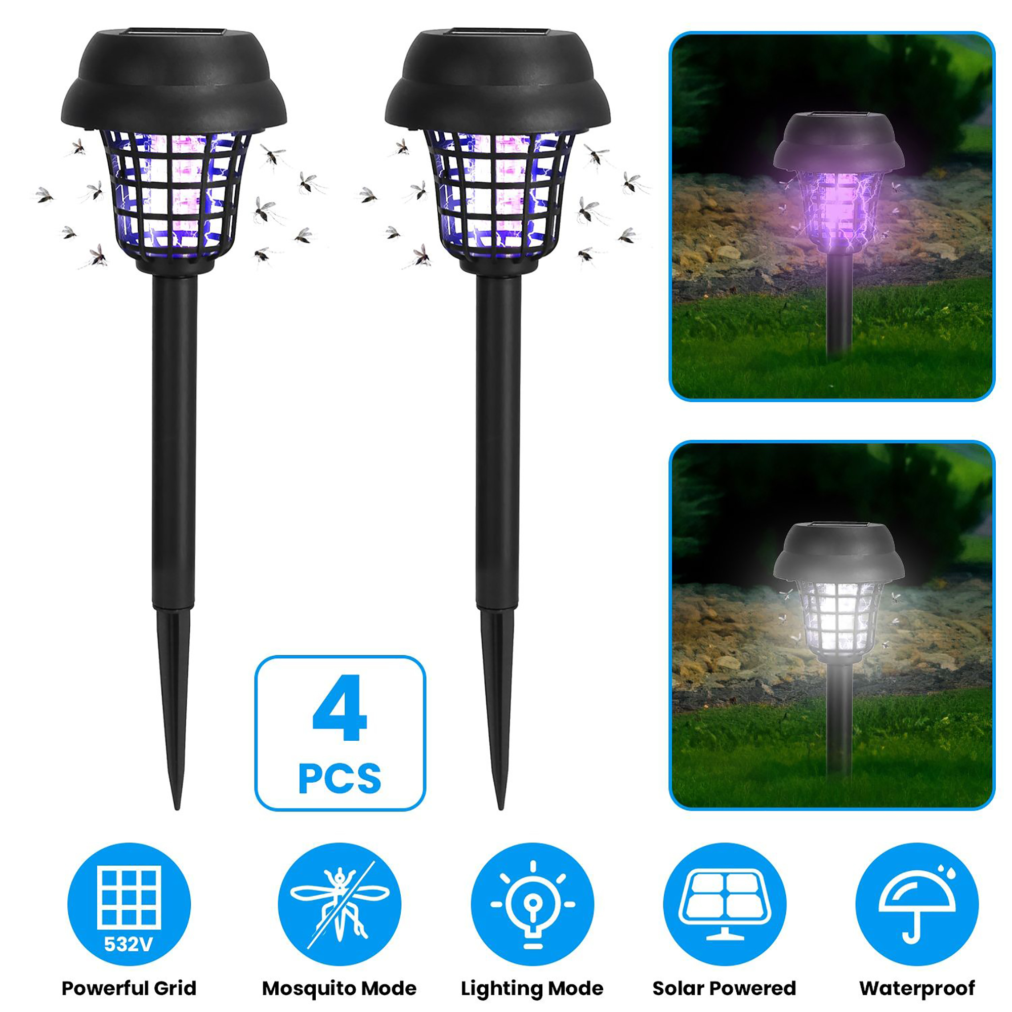Solar Mosquito Zapper 4-Pack – UV Bug Light with Auto On/Off, Rechargeable & Waterproof for Yard & Patio