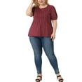 thumbnail image 2 of Agnes Orinda Plus Size Tops for Women Puff Short Sleeve Tops Crew Neck Pleated Shirts Tunic Blouses 3X Burgundy, 2 of 5