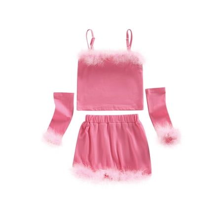 

AMILIEe Toddler Kids Girls Cute Outfits Plush Trim Sleeveless Camisoles Sling Tank Tops + Mini Skirts + Oversleeve Set