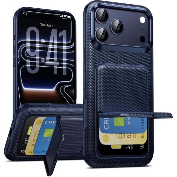 iPhone 17 Pro Max Case – 2-in-1 Wallet with Card Holder & Built-in Kickstand, Shockproof Protection, Textured Anti-Scratch Cover, Blue
