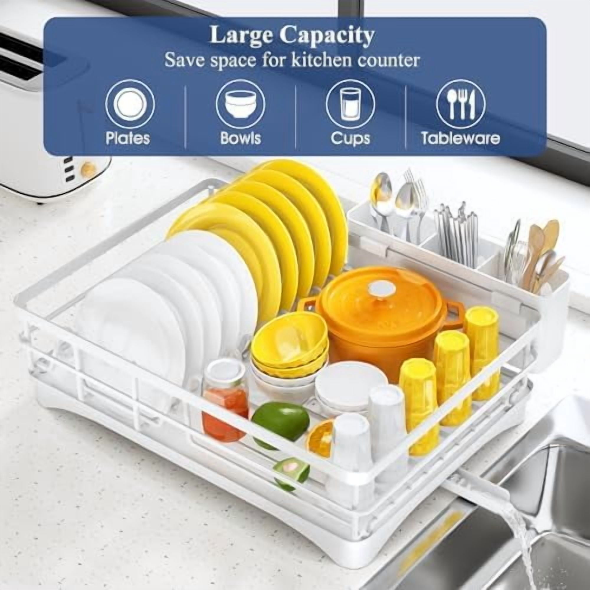 Dish Drying Rack for Kitchen Counter - Large Dish Rack with Drainboard, Rustproof Dish Drainer with Utensil Holder for Sink, White