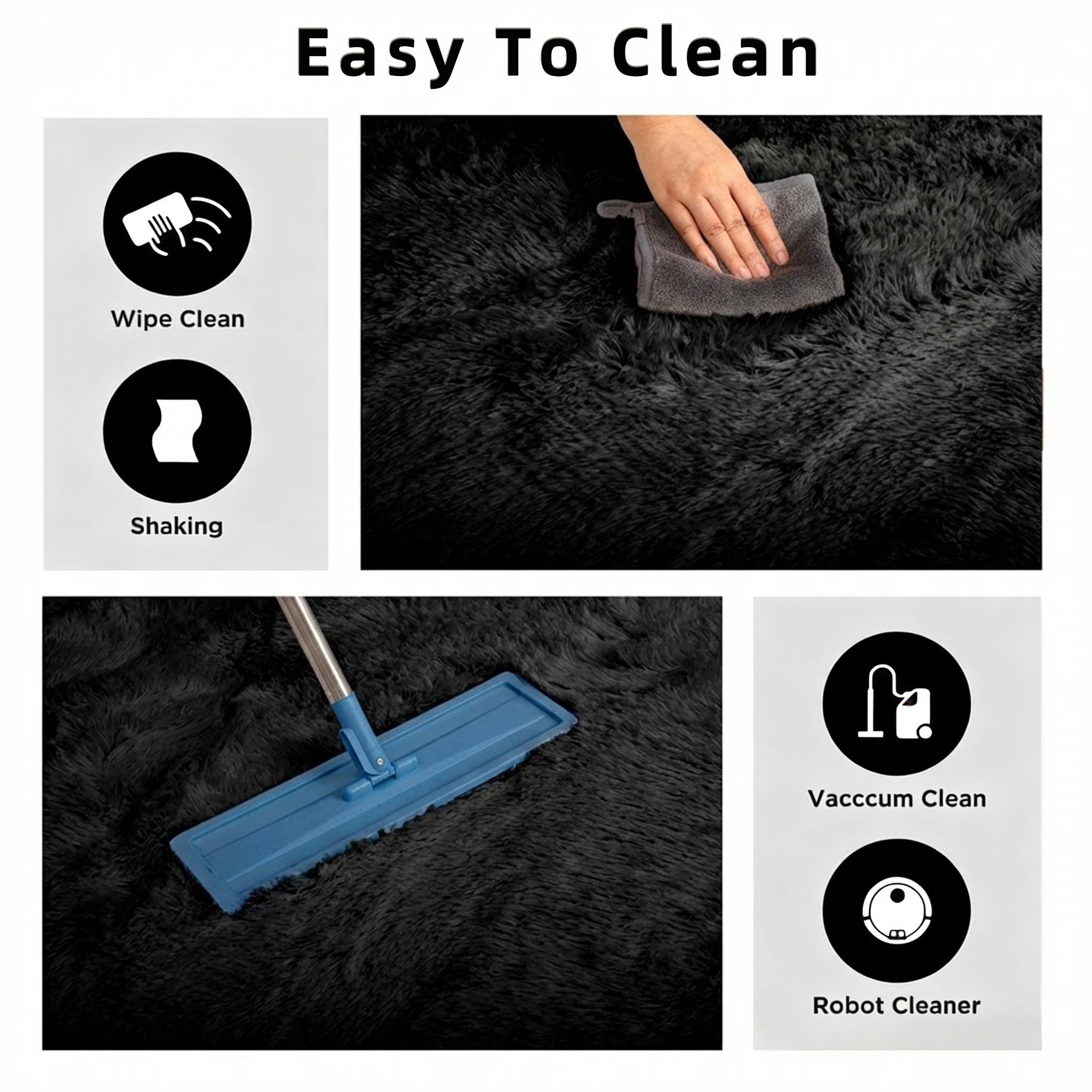 Area Rugs for Living Room Bedroom, 9ft x 12ft Soft Fluffy Shag Indoor Floor Carpet for Living Room Bedroom Dining Room Office, Black