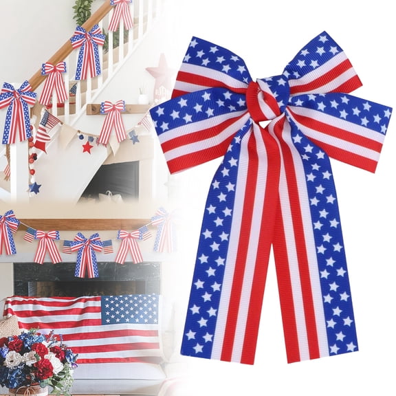 4th of July Patriotic Bows, American Flag Wreath Bows With Long Tails, Red White Blue Stars and Stripes Bows for Independence Day, Memorial Day, Wreaths, Party and Holiday Decorations