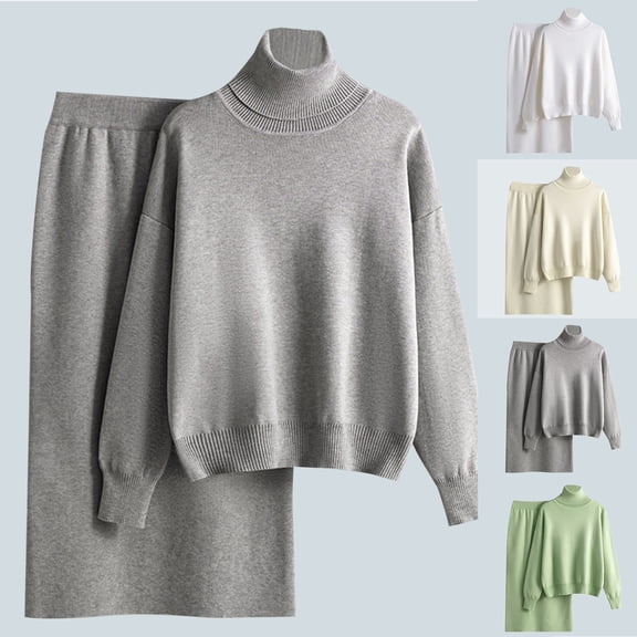 Lovskoo 2024 Women's Sweater Set Sweater Knitted Solid Color Turtleneck Sweater Half Hip Wrap Skirt Two-Piece Knitted Green