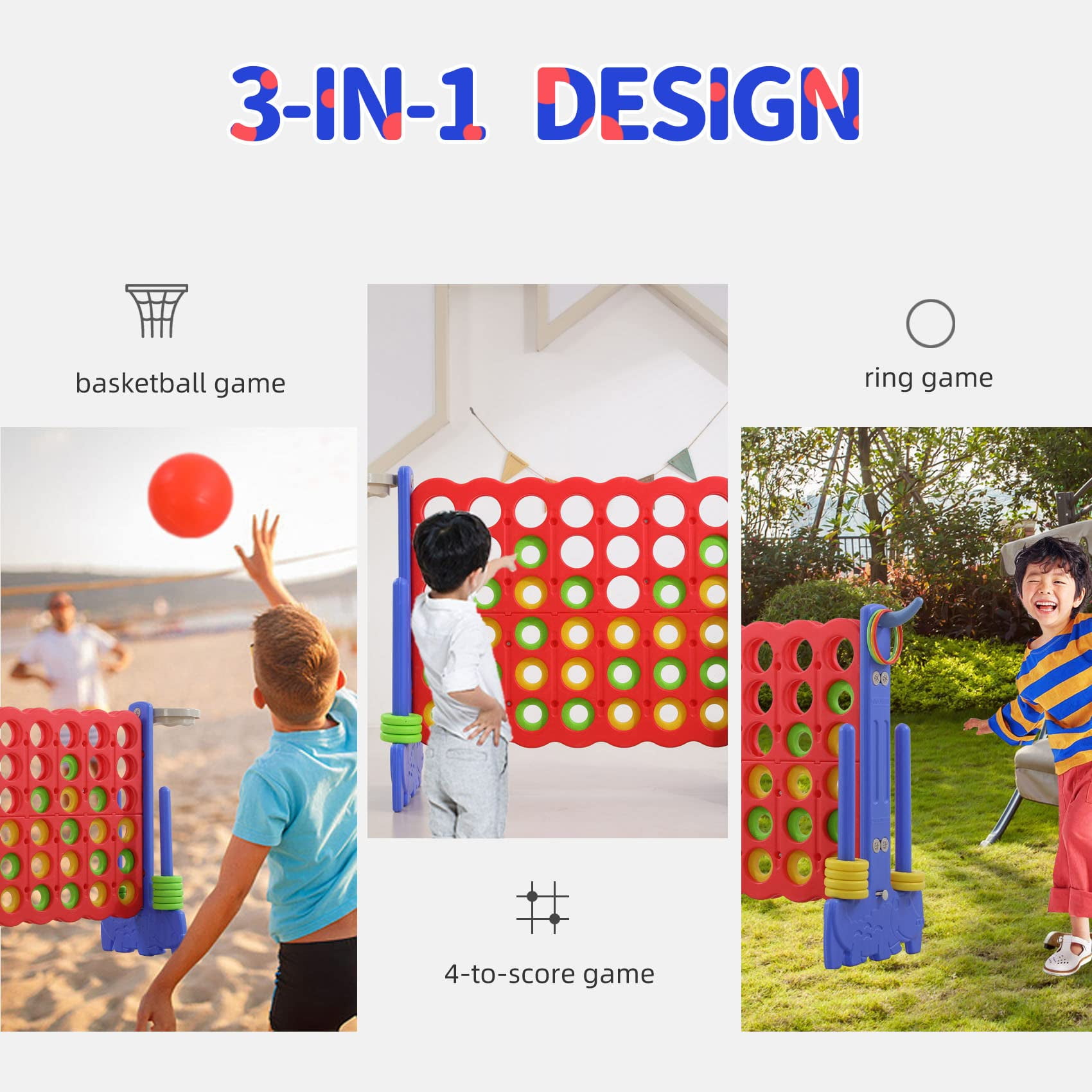 UNICOO® 3-in-1 Giant 4 in A Row Game, Featuring Basketball Hoop, Ring Toss Game & 4-to-Score Game. Perfect for Kids & Adults, Parties & Gatherings with Carrying Bag (Red + Blue)