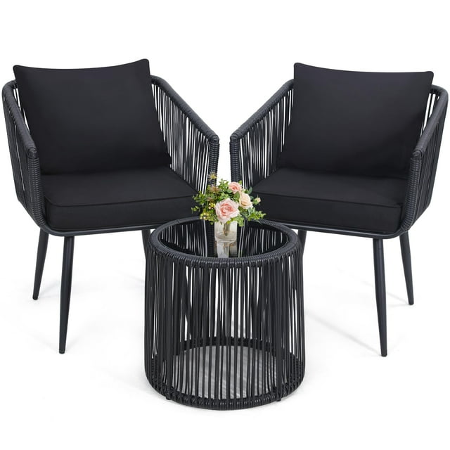 Kromax 3 Pieces Patio Rattan Bistro Conversation Set, Outdoor All-Weather Wicker Furniture Chairs and Side Table Set Ideal for Balcony, Porch and Backyard, Black