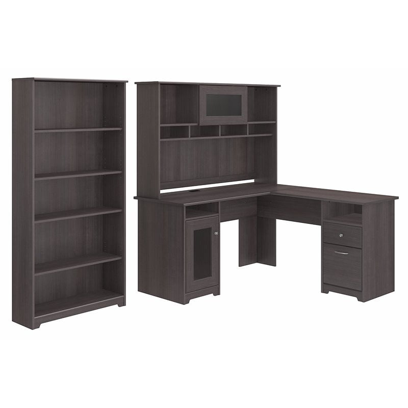 Cabot L Shaped Desk With Hutch And 5 Shelf Bookcase In Heather