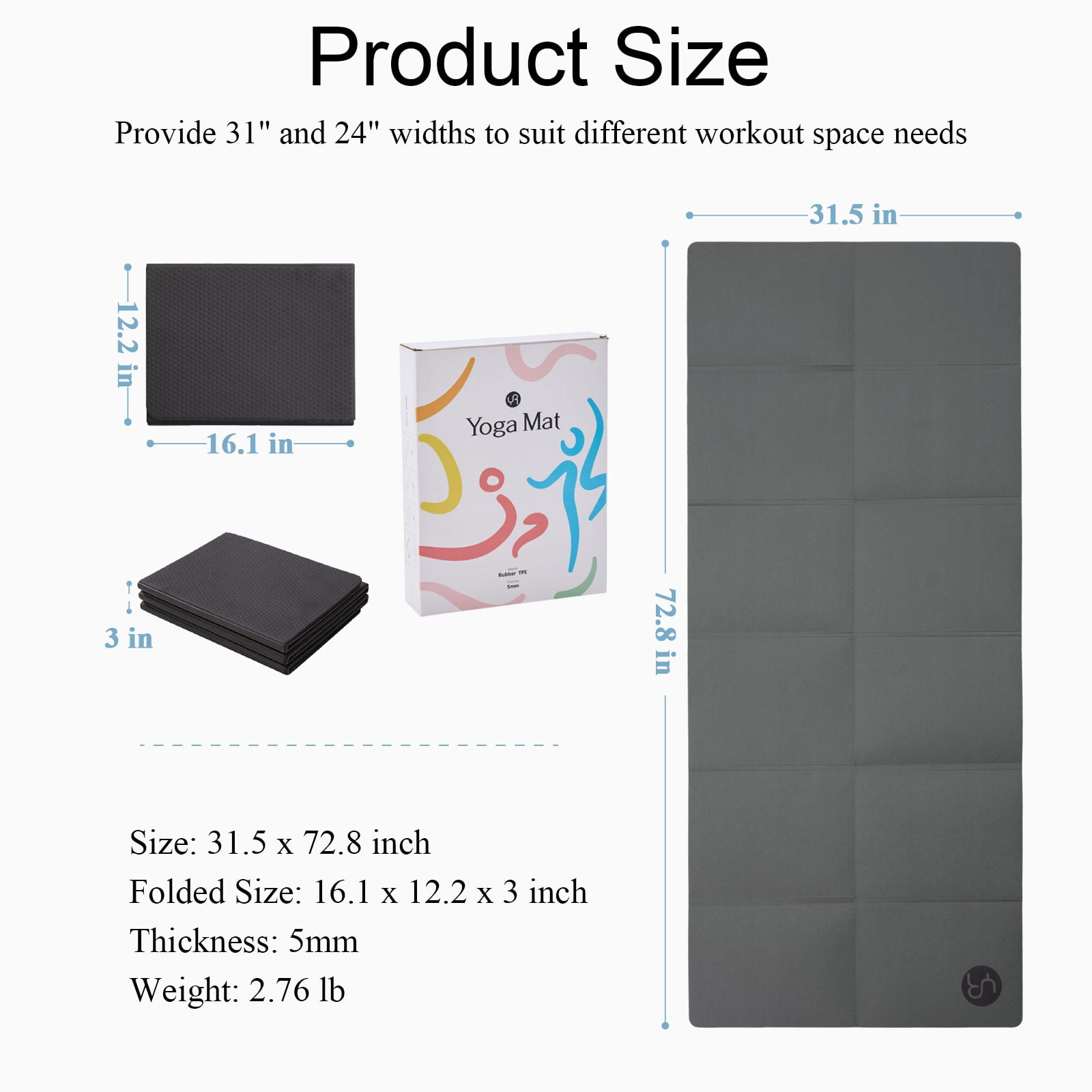 YR Travel Yoga Mat, Foldable Non-Slip Portable Exercise Mat for Hot Yoga, Pilates, HIIT, Home Gym, Workouts