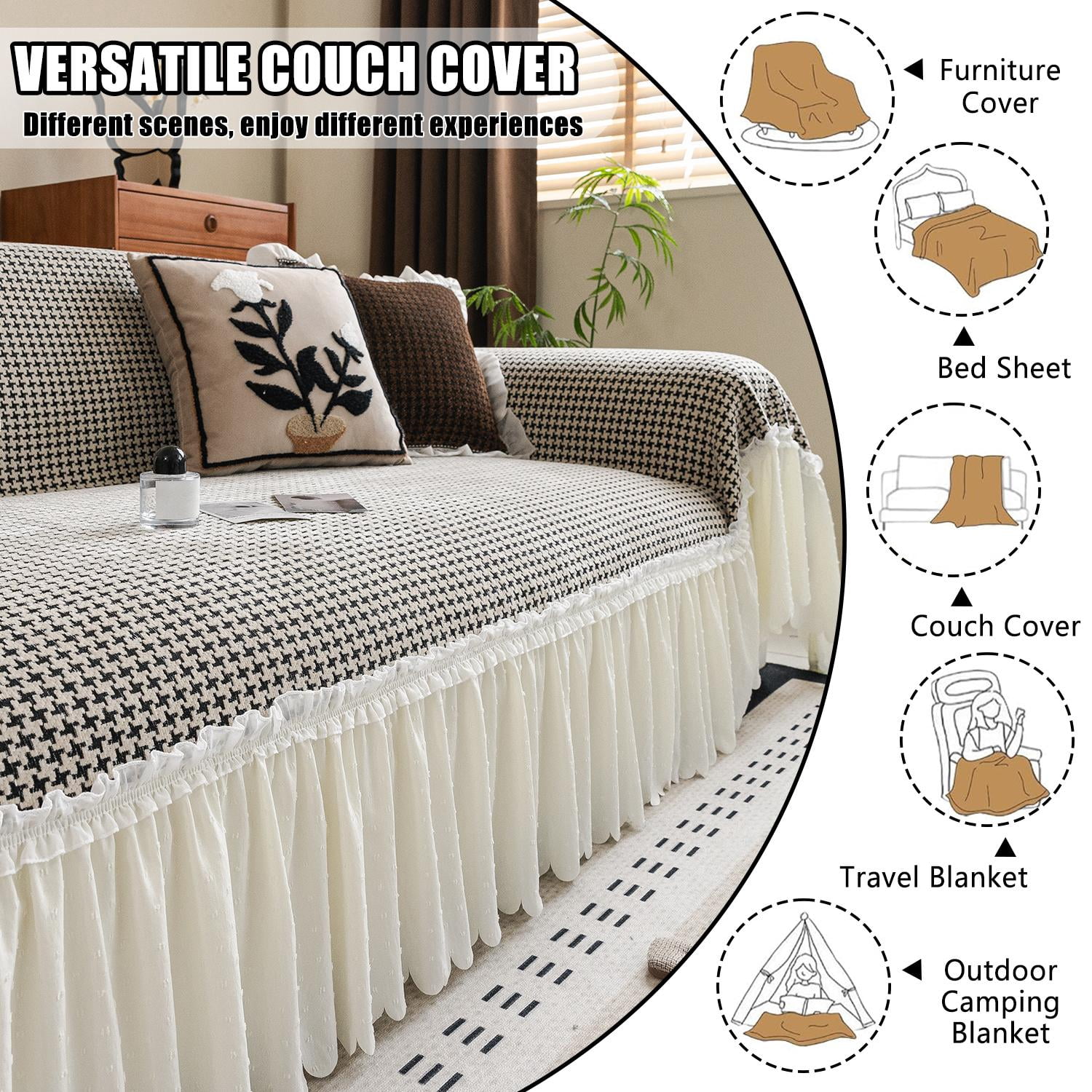 Soft Gingham Couch Cover, Fits 1–4 Cushion Couch. Couch Blankets with Skirt Edge, Machine Washable Furniture Protector