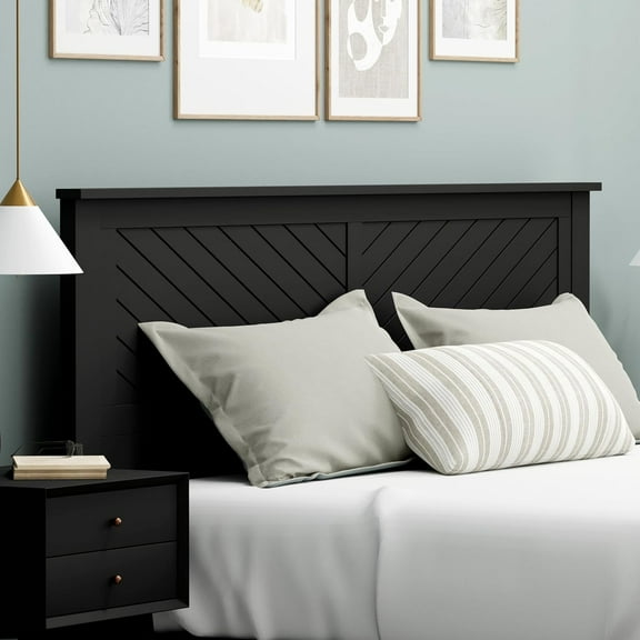 Serene Poplar Wood King Headboard, Modern Farmhouse Panel with Scoring, King Size Headboard in Black, Casual Coastal Style, Easy Assembly, Quality Materials