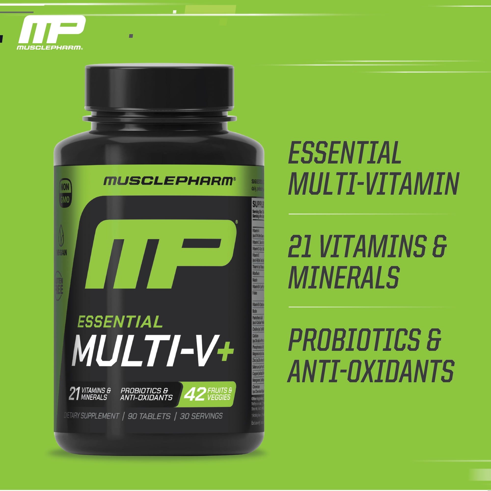 MusclePharm Essentials Multi-V+ The Athlete's Multi-Vitamin, Enhanced Energy, Performance & Immune Health, Daily Multivitamin for Men & Women with Minerals Plus Probiotics, 90 Tablets, 30 Servings