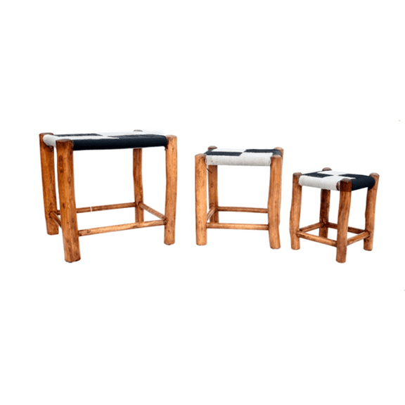 Set of 3 Lyptus Wood Handmade Stool Boho Chic Decorative Sitting Chair for Indoor Outdoor Home, Office Bedroom, Living Room Decor