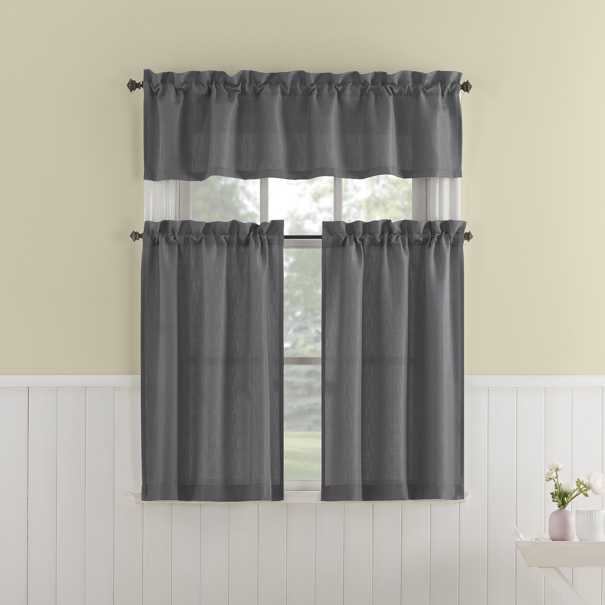 Mainstays 3-Piece Textured Semi Sheer Rod Pocket Kitchen Window Tier Pair and Valance, 2 Café Curtains and 1 Curtain Valance, Grey, 56"W x 36"L
