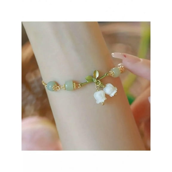 EOEMY 1Pc Lily Bracelet Green Beaded Flower Pendant Bracelet Creative Jewelry-Default