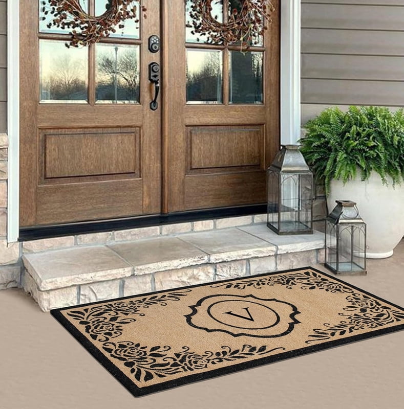 A1HC Natural Coir Monogrammed Floral Door Mat, 36"x72", Durable Anti-Shed Outdoor Door Mat, Heavy-Duty, Low-Profile, Easy to Clean