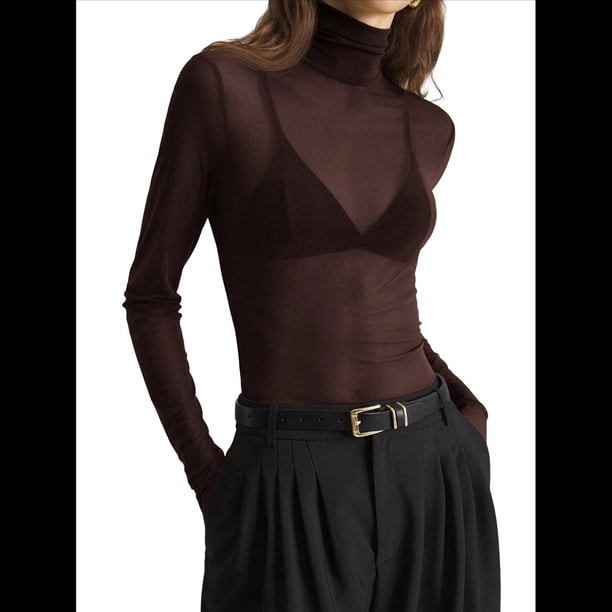 Top de Larga Ajustado de de Color Liso con Cuello Alto para Mujer, Camisa Transparente. Marrón Oscuro S
