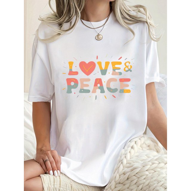 T-shirt Graphique Coloré "LOVE & PEACE" pour Femmes - Col Rond Manches Courtes, Mélange Polyester-Spandex Confortable, Lavable en Machine, Fête des Pères, Fête des Mères, Nouvel An, Festival de Printemps