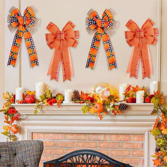 Axiiglly Thanksgiving Fall Decor Bows, 2pcs 19x10"Large Orange Pumpkin Plaid Hanging Bow Fall Decorations for Home Pre-Tied Bows for Wreaths Swag Indoor Outdoor Holiday Decor