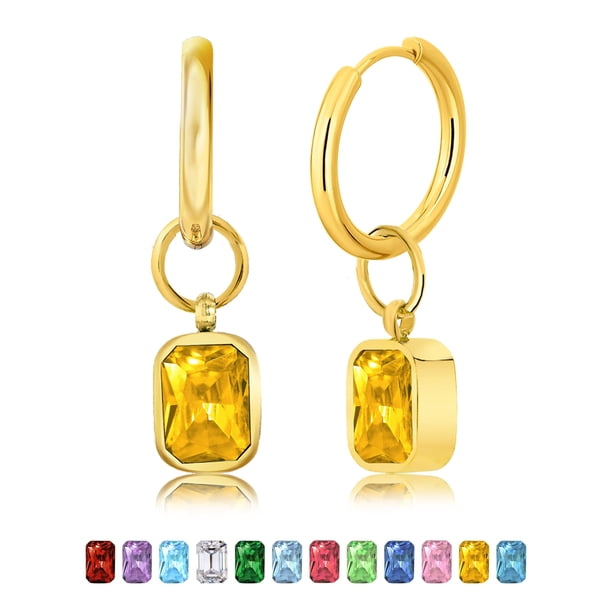 JeenMata Aros de 2 Quilates con Bisel y Piedra Natal de Noviembre, Talla Esmeralda, Citrino, Chapados en Oro Amarillo