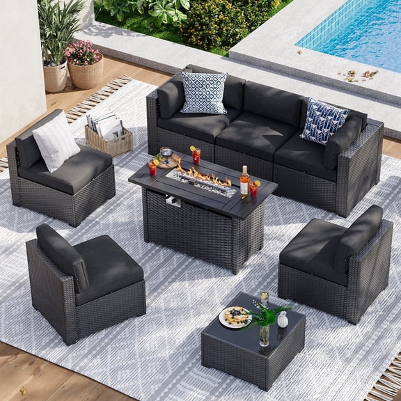 Aoxun 8 Piece Patio Furniture Set with 44” Fire Pit Table Wicker Rattan Patio Sectional Sofa Set Outdoor Seating Furniture with Thickened Cushion, Black