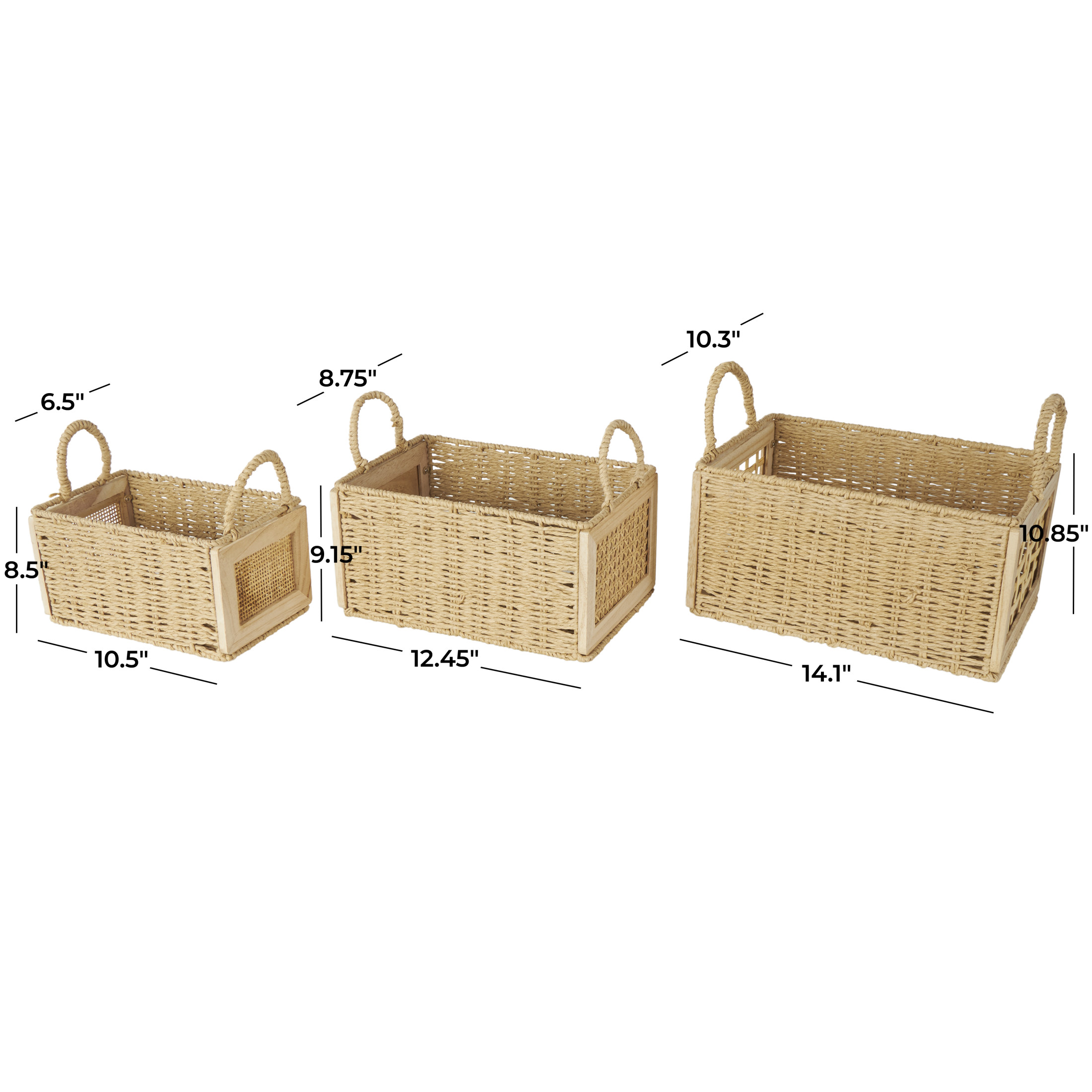 DecMode 14", 12", 11"W Brown Rattan Woven Storage Basket with Rope Handles, 3-Pieces
