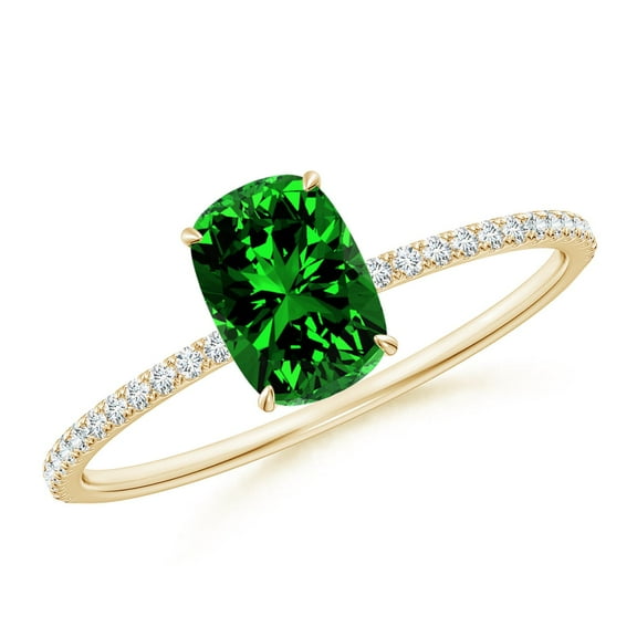 ANGARA Lab Grown Thin Shank Cushion Emerald Ring with Lab Diamond Accents for Women in 14K Yellow Gold (Size-7x5mm) | May Birthstone, Anniversary, Jewelry Gift for Women | Lab-Grown Emerald Ring