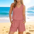 thumbnail image 2 of DxhmoneyHX Womens Cotton Linen 2 Piece Outfits Sleeveless Button Vest Tops Elastic Waist Shorts with Pockets Matching Sets Summer Beach Loungewear Set, 2 of 9
