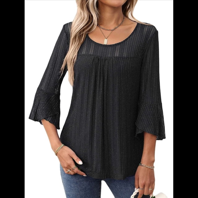 Blusa Elegante con Volantes para Mujer, 3/4, Cuello Redondo, Doble Capa, , Túnica. Negro S