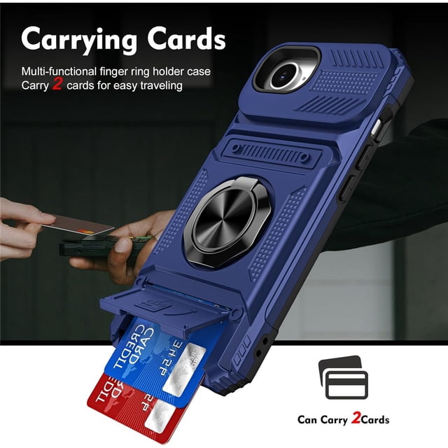 For Apple iPhone 17e/16e Phone Case with Finger Ring Holder Kickstand, Card Slots,Heavy Duty Shockproof Rugged Protective Working with Magnetic Car Phone Mount,Blue