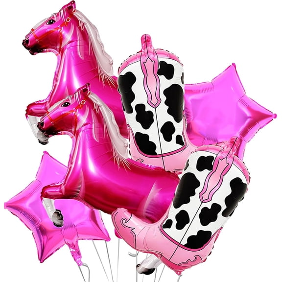 6Pcs Western Cowgirl Party Balloons, Pink Cowgirl Boots Balloons Horse Balloons for Girls Western Themed Birthday Baby Shower Bachelorette Party Decorations Supplies