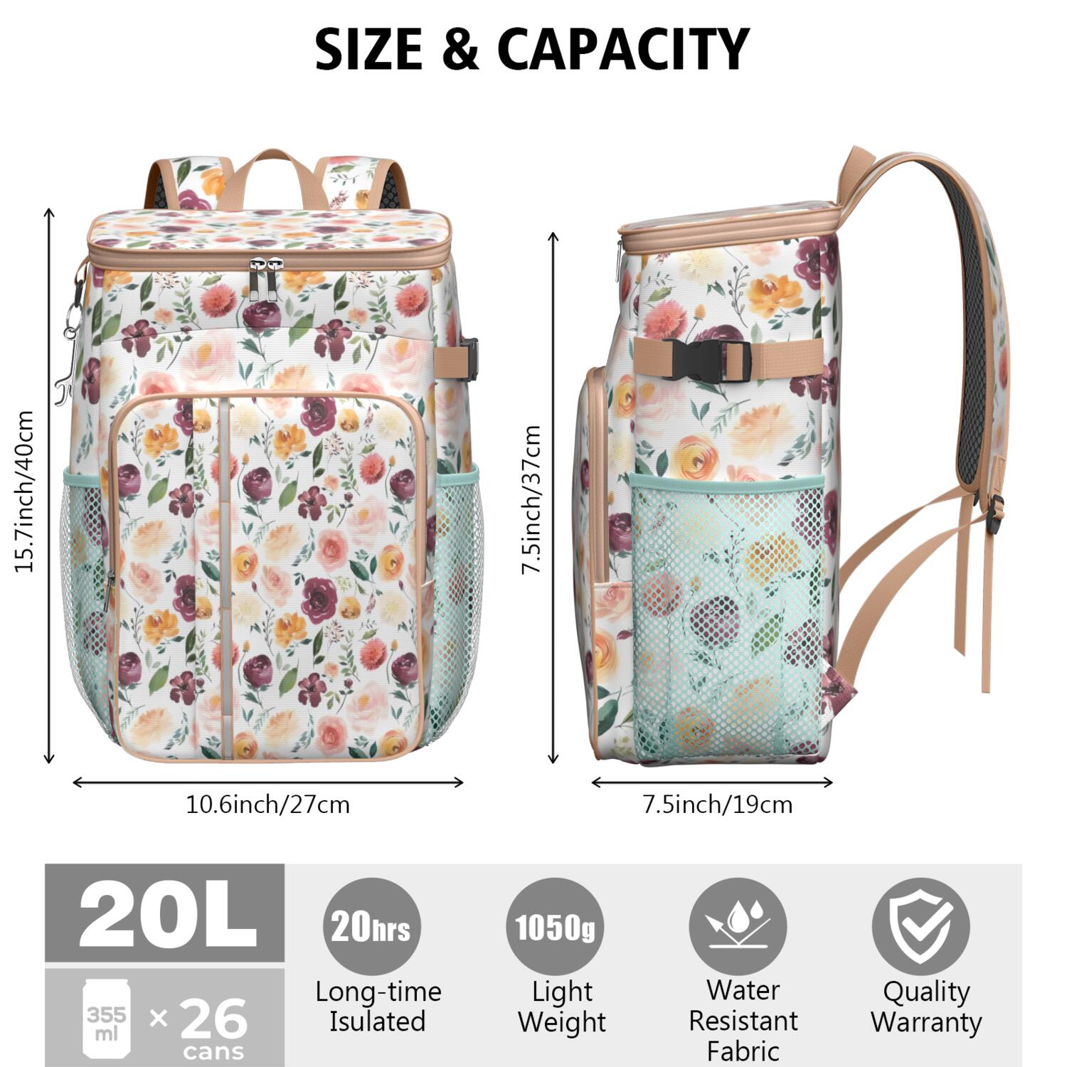 Travel Cooler Bag - Pioneer Flower Floral Print Pattern Camping Beer Cooler Backpack with Bottle Opener- Waterproof Insulated Picnic Backpacks - Cooler Bag for Beach