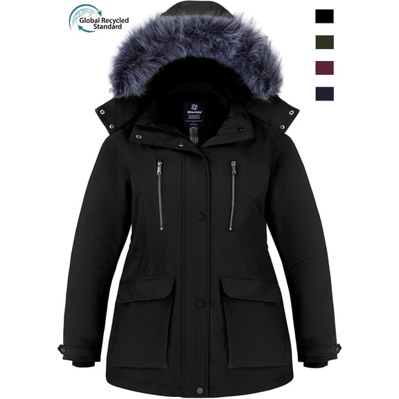 Wantdo Women's Recycled Plus Size Winter Coat Quilted Waterproof Winter Jacket Hooded Puffer Parka Jacket Black 4XL