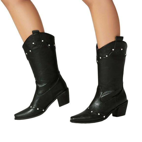 Studded Wide Calf Cowboy Boots for Women Vintage Leather Western Chunky Mid Calf Cowgirl Boots Winter Fall Riding Shoes