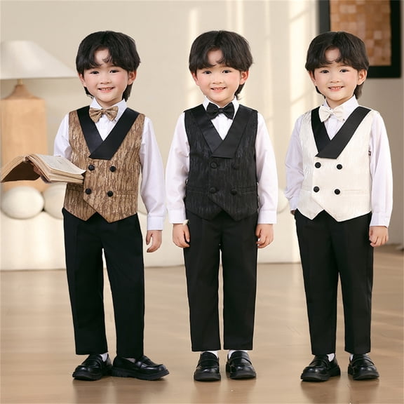 Baby Boy Outfits Boys Formal 4 Piece Suit with Vest Pants Bow Tie and Suspenders Boys' Clothing Sets Beige 2-3 Years
