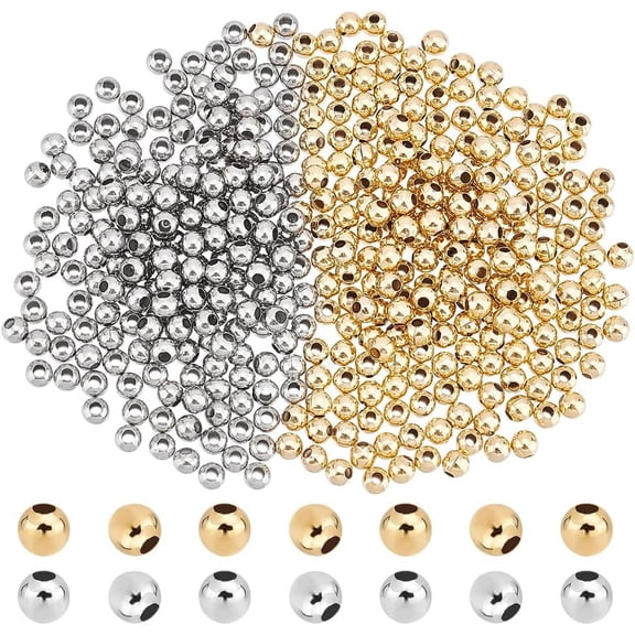 400pcs 2 Colors Round Spacer Beads 4mm 304 Stainless Steel Loose Beads Rondelle Beads Metal Spacer Bead Small Smooth Beads Finding for DIY Bracelet Necklace Jewelry Making