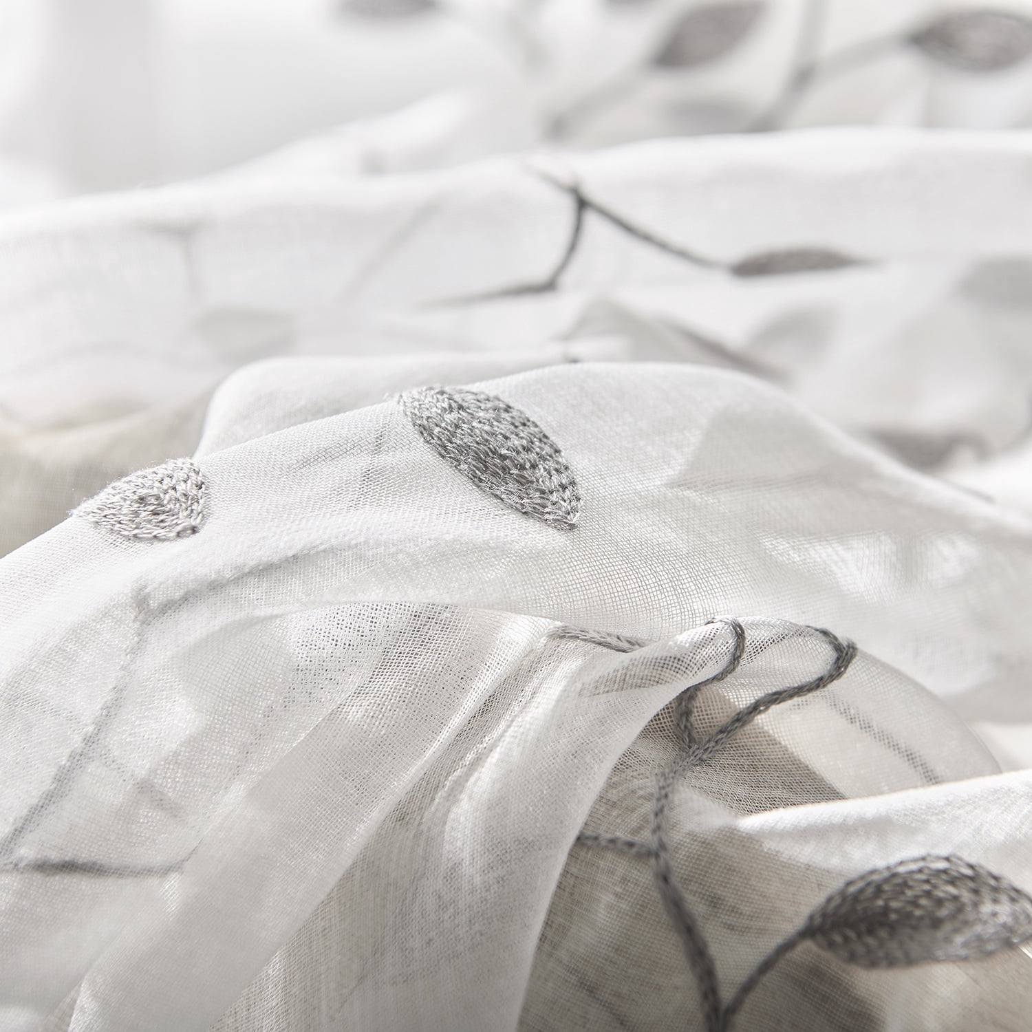 Sunyuer Leaves Short Sheer Curtains Grey Leaf Embroidery Curtain Rod Pocket Voile Faux Linen Embroidered Leaves Curtains for Bedroom Living Room, 52W X 63L inch, Set of 2 Panels, Grey